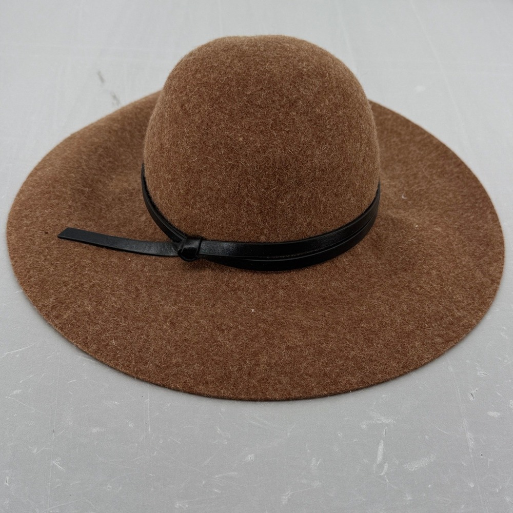 Nordstrom Brown Wool Wide Brim Floppyโ Hat Black Faux Leather Band One Size NWT